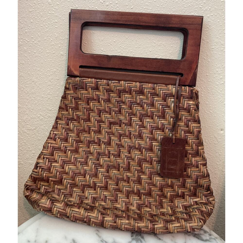C E M Woven Handbag Wooden Handles Leather Details Purse Boho No Shoulder Strap